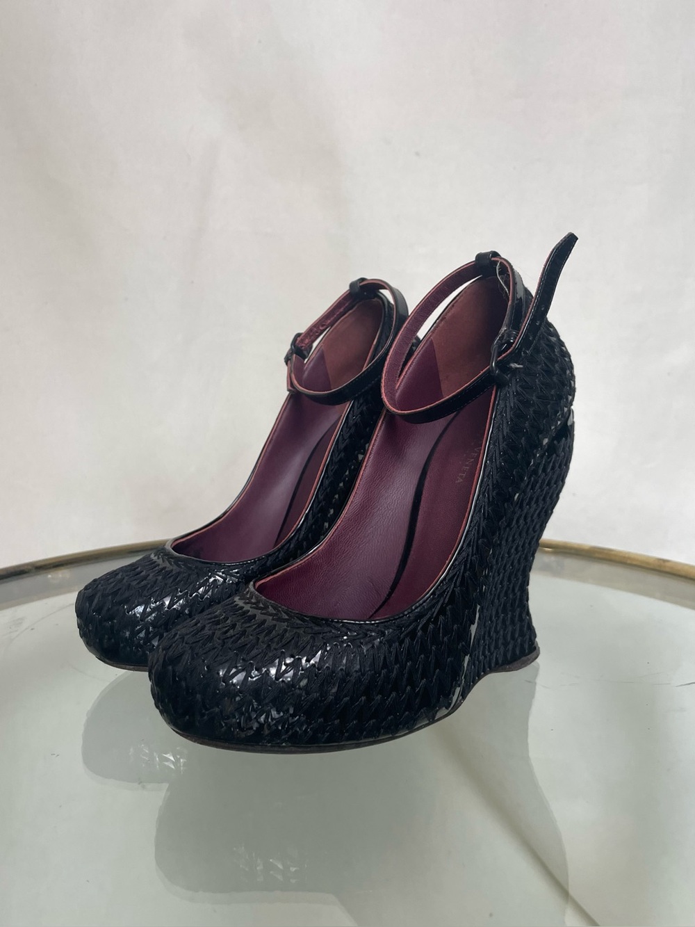 BOTTEGA VENETA WOVEN WEDGE HEELS WITH ANKLE STRAP